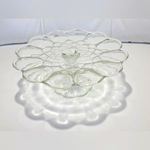 Vintage Pedestal Cake Stand L E Smith Dominion Clear Glass Scalloped Edge Design